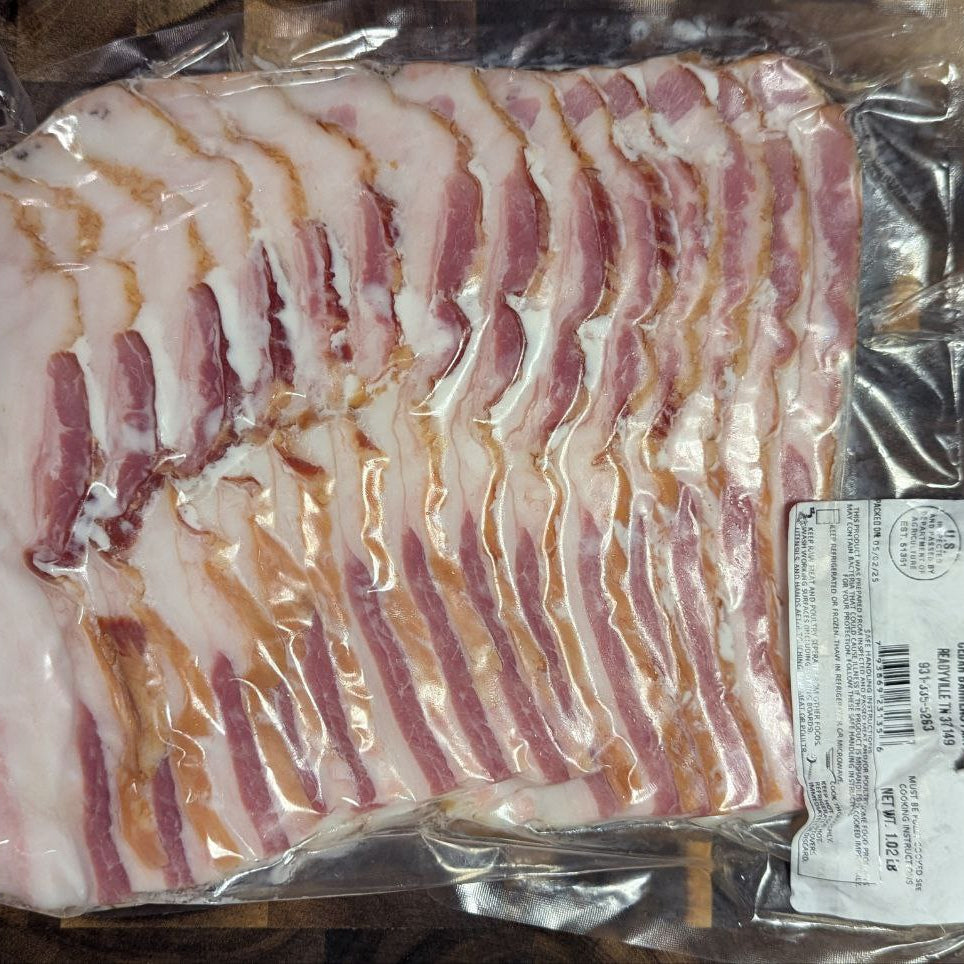 1 lb package of Cedar Barrens Farm hickory smoked bacon